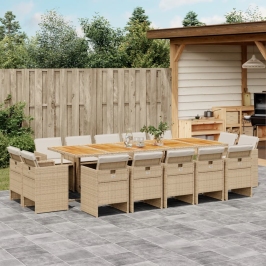 Set comedor de jardín con cojines 15 pzas ratán sintético beige