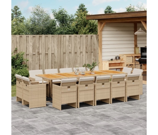 Set comedor de jardín con cojines 15 pzas ratán sintético beige