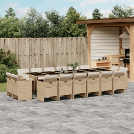 Set comedor de jardín 17 pzas con cojines ratán sintético beige