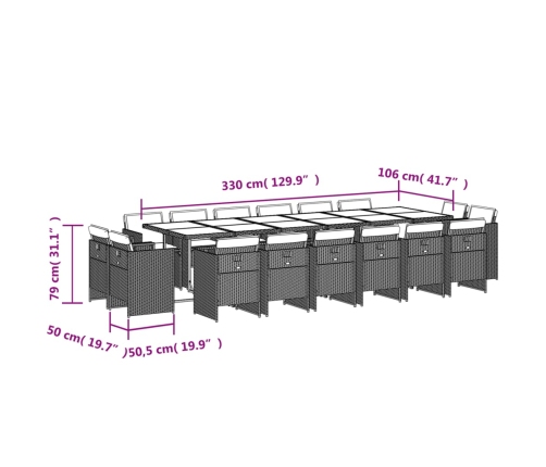 Set comedor de jardín 17 pzas con cojines ratán sintético beige