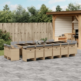 Set comedor de jardín 17 pzas con cojines ratán sintético beige