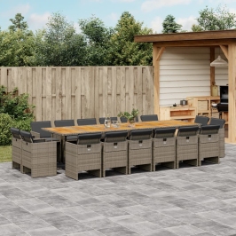 Set comedor de jardín 17 pzas y cojines ratán sintético gris