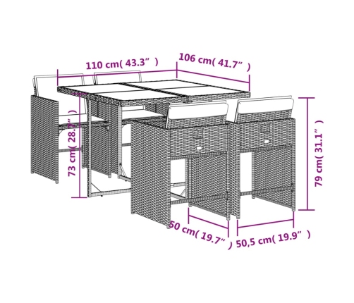 Set comedor de jardín 5 piezas con cojines ratán sintético gris
