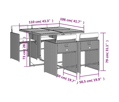 Set comedor de jardín 5 piezas con cojines ratán sintético gris