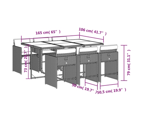 Set comedor de jardín 7 pzas con cojines ratán sintético marrón