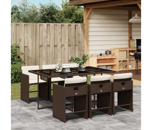 Set comedor de jardín 7 pzas con cojines ratán sintético marrón