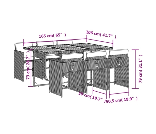 Set comedor jardín 7 pzas y cojines ratán sintético gris