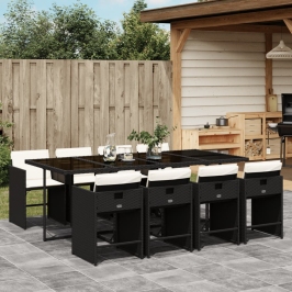 Set de comedor de jardín 9 pzas y cojines ratán sintético negro
