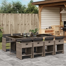 Set comedor jardín 9 pzas y cojines ratán sintético gris
