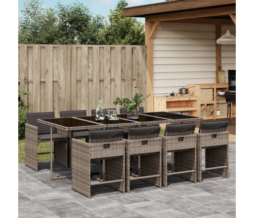 Set comedor jardín 9 pzas y cojines ratán sintético gris