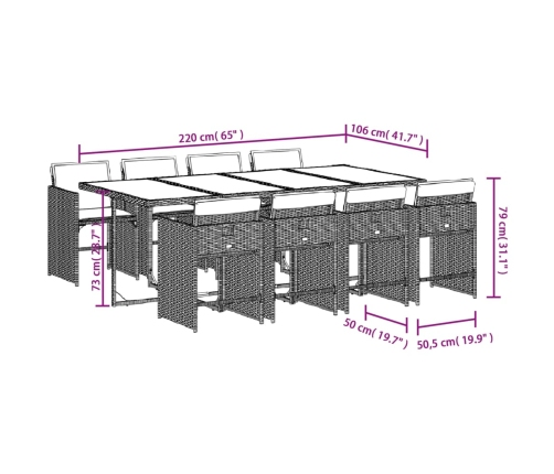 Set comedor para jardín 9 pzas y cojines ratán sintético marrón