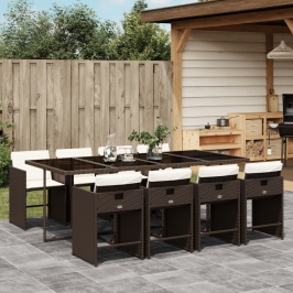 Set comedor para jardín 9 pzas y cojines ratán sintético marrón