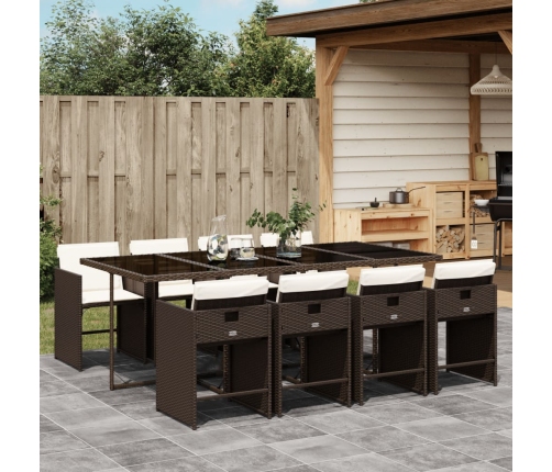 Set comedor para jardín 9 pzas y cojines ratán sintético marrón