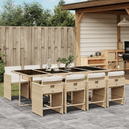 Set comedor de jardín 9 pzas con cojines ratán sintético beige