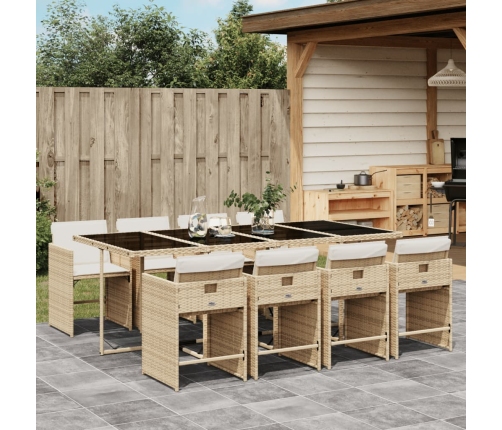 Set comedor de jardín 9 pzas con cojines ratán sintético beige