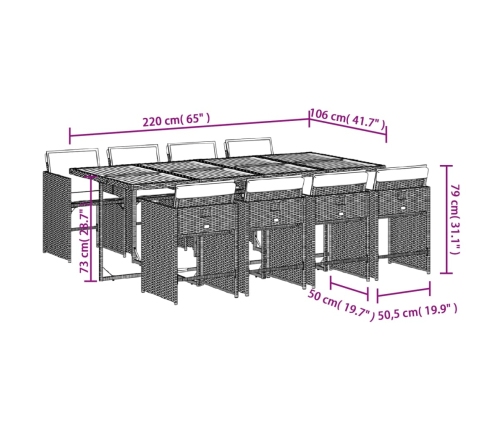 Set de comedor de jardín 9 pzas y cojines ratán sintético negro