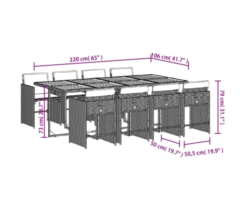 Set comedor de jardín 9 pzas con cojines ratán sintético beige