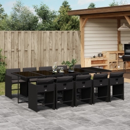 Set de comedor jardín 11 pzas con cojines ratán sintético negro