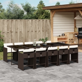 Set comedor de jardín 11 pzas y cojines ratán sintético marrón