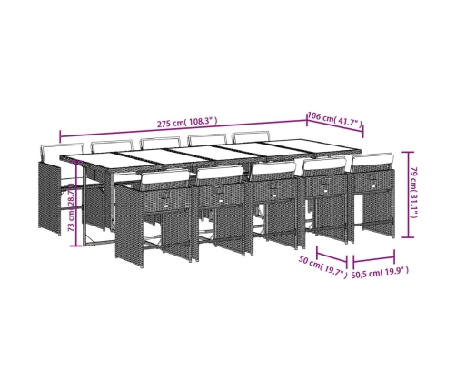 Set de comedor de jardín 11 pzas y cojines ratán sintético gris