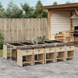 Set comedor de jardín 11 pzas con cojines ratán sintético beige