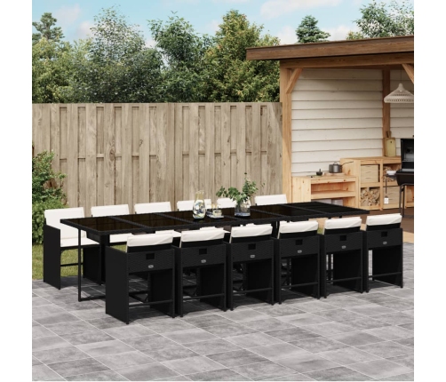 Set comedor de jardín con cojines 13 pzas ratán sintético negro