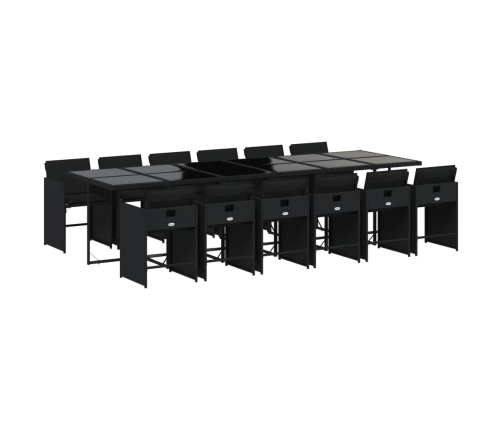 Set comedor de jardín con cojines 13 pzas ratán sintético negro