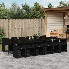 Set comedor de jardín con cojines 13 pzas ratán sintético negro