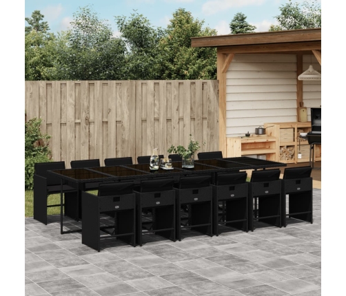 Set comedor de jardín con cojines 13 pzas ratán sintético negro