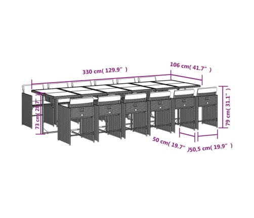 Set comedor jardín y cojines 13 pzas ratán sintético gris claro