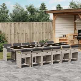 Set comedor jardín y cojines 13 pzas ratán sintético gris claro