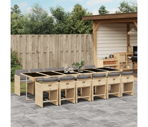 Set comedor de jardín con cojines 13 pzas ratán sintético beige