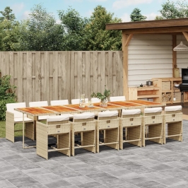 Set comedor de jardín con cojines 13 pzas ratán sintético beige