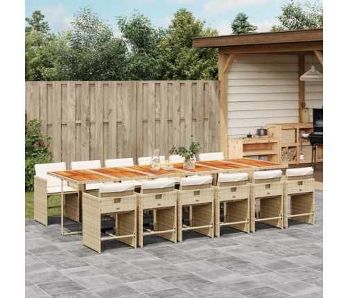 Set comedor de jardín con cojines 13 pzas ratán sintético beige