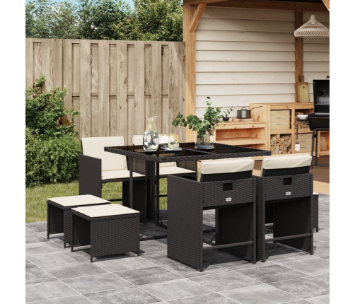 Set de comedor de jardín 9 pzas y cojines ratán sintético negro