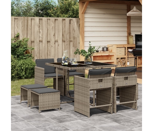 Set comedor jardín 9 pzas y cojines ratán sintético gris