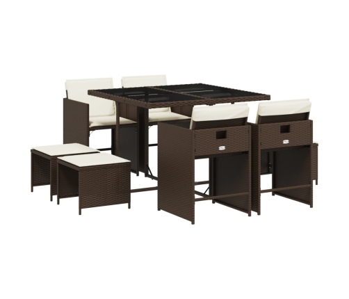 Set comedor para jardín 9 pzas y cojines ratán sintético marrón