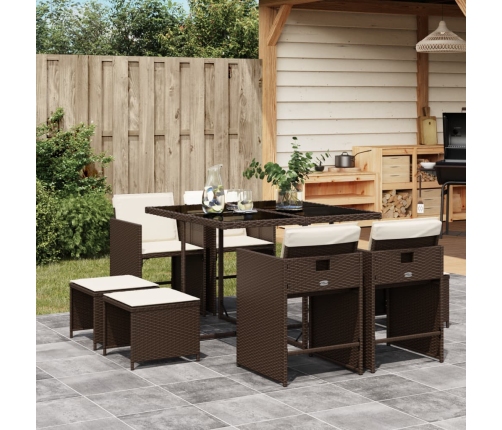 Set comedor para jardín 9 pzas y cojines ratán sintético marrón