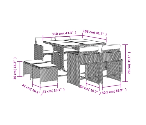 Set comedor de jardín 9 pzas con cojines ratán sintético beige