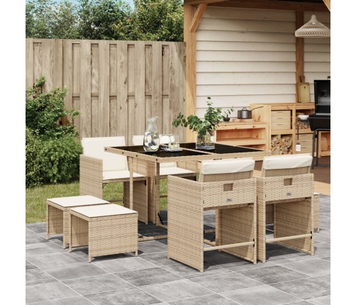 Set comedor de jardín 9 pzas con cojines ratán sintético beige