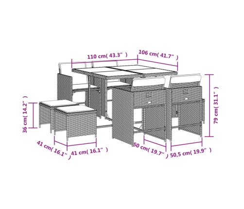 Set comedor de jardín 9 pzas con cojines ratán sintético beige