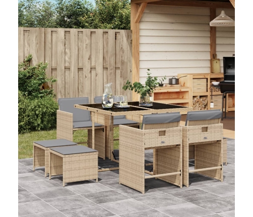 Set comedor de jardín 9 pzas con cojines ratán sintético beige