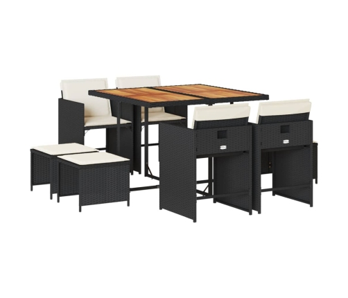 Set de comedor de jardín 9 pzas y cojines ratán sintético negro