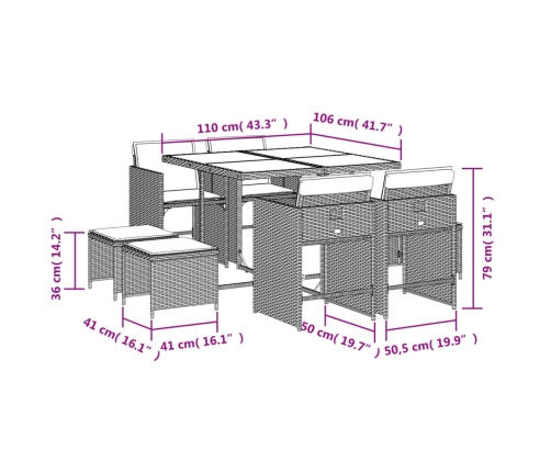 Set de comedor de jardín 9 pzas y cojines ratán sintético negro