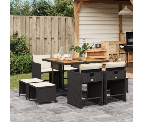 Set de comedor de jardín 9 pzas y cojines ratán sintético negro