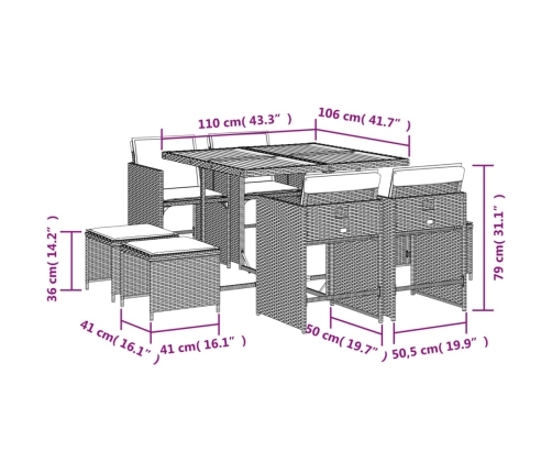 Set comedor de jardín 9 pzas con cojines ratán sintético beige