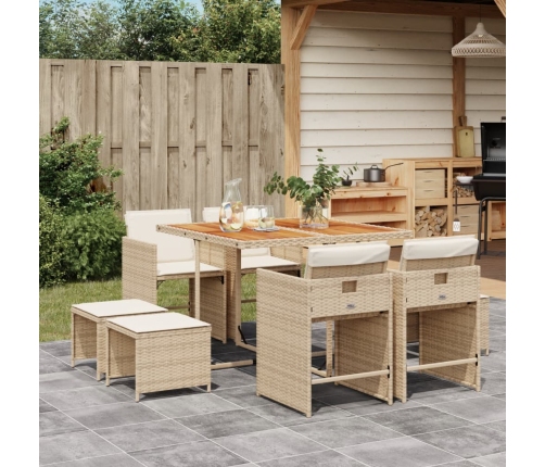 Set comedor de jardín 9 pzas con cojines ratán sintético beige