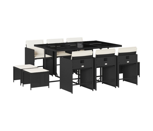 Set de comedor jardín 11 pzas con cojines ratán sintético negro