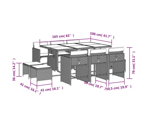 Set de comedor jardín 11 pzas con cojines ratán sintético negro