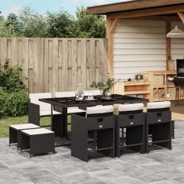 Set de comedor jardín 11 pzas con cojines ratán sintético negro